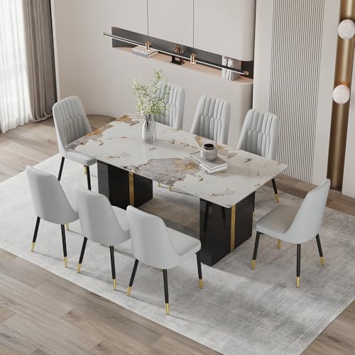 MUUOKY 71'' Modern Dining Table Set for 8，Kitchen Table Set for 8, Dining Faux Marble Table Set for 8 with PU Leather Chairs for Kitchen, Dining, Bar, Living Room