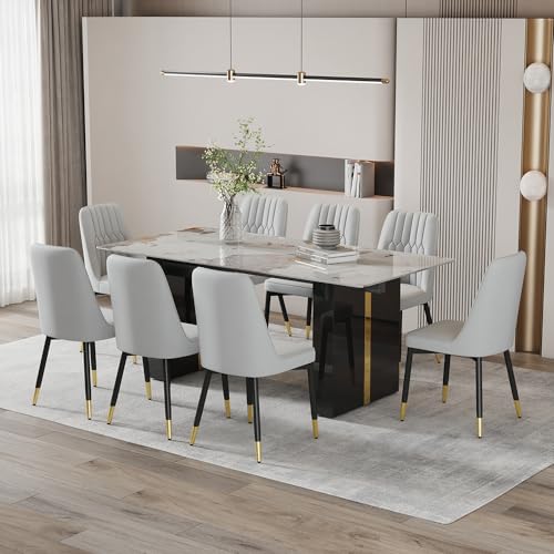 MUUOKY 71'' Modern Dining Table Set for 8，Kitchen Table Set for 8, Dining Faux Marble Table Set for 8 with PU Leather Chairs for Kitchen, Dining, Bar, Living Room