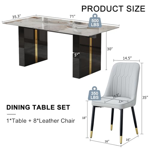 MUUOKY 71'' Modern Dining Table Set for 8，Kitchen Table Set for 8, Dining Faux Marble Table Set for 8 with PU Leather Chairs for Kitchen, Dining, Bar, Living Room