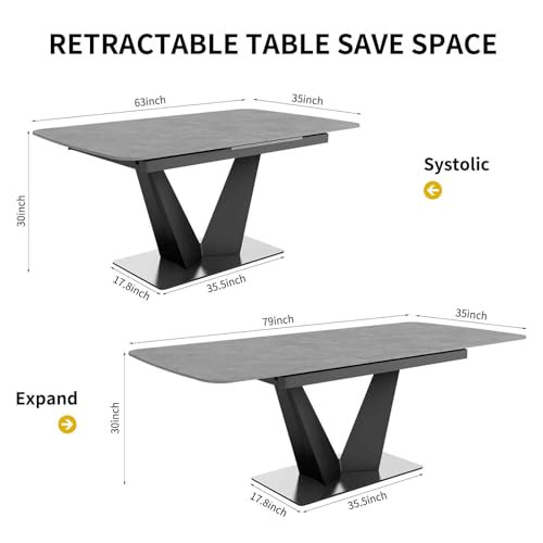 Modern Dining Table for 6-8, Extendable Dining Table Sintered Stone Dining Table Top with V-Shape Carbon Steel Pedestal Table, 79 inch Rectangle Dining Table for Dining Room Table (1Table+6 Chairs)