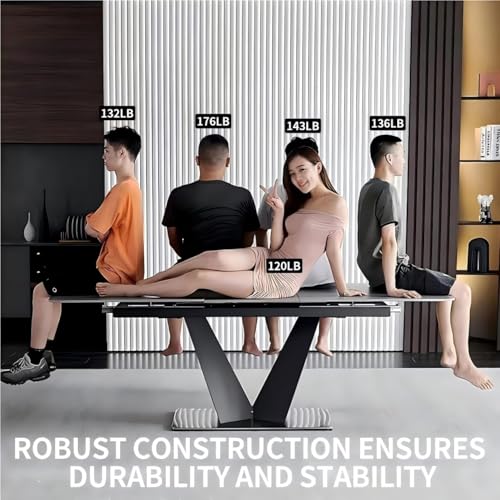 Modern Dining Table for 6-8, Extendable Dining Table Sintered Stone Dining Table Top with V-Shape Carbon Steel Pedestal Table, 79 inch Rectangle Dining Table for Dining Room Table (1Table+6 Chairs)