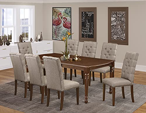 East West Furniture DOEL9-MAH-16 Dover 9 Piece Room Set Includes a Rectangle Butterfly Leaf Kitchen Table and 8 Dark Khaki Linen Fabric Parsons Dining Chairs, 42x78 Inch, Mahogany
