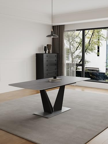 Modern Dining Table for 6-8, Extendable Dining Table Sintered Stone Dining Table Top with V-Shape Carbon Steel Pedestal Table, 79 inch Rectangle Dining Table for Dining Room Table (1Table+6 Chairs)