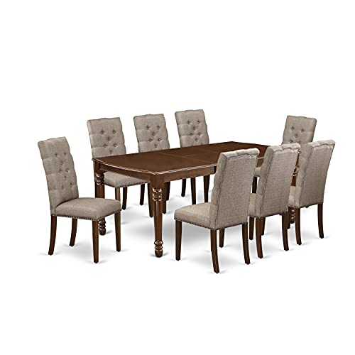 East West Furniture DOEL9-MAH-16 Dover 9 Piece Room Set Includes a Rectangle Butterfly Leaf Kitchen Table and 8 Dark Khaki Linen Fabric Parsons Dining Chairs, 42x78 Inch, Mahogany