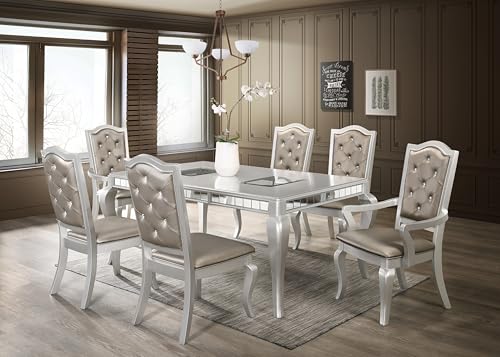 GTU Furniture Set for 6 Silver Mirror Trim Rectangular Dining Table with Luxurious Button Chair in Champagne