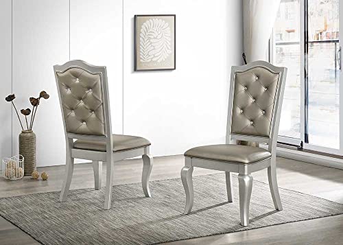 GTU Furniture Set for 6 Silver Mirror Trim Rectangular Dining Table with Luxurious Button Chair in Champagne