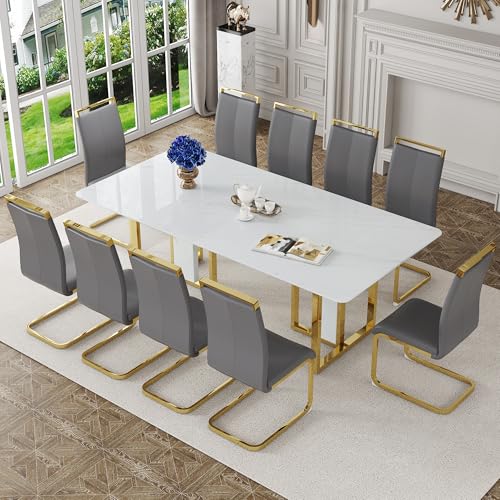 Dining Table Set For 10,Kitchen Table Chairs Set With Glossy Faux Marble Table Top, 79in White Rectangle Dining Room Table Set For10,11 Piece Kitchen Table And Chairs Set Idel For Kitcken Dining Room