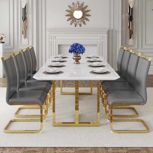 Dining Table Set For 10,Kitchen Table Chairs Set With Glossy Faux Marble Table Top, 79in White Rectangle Dining Room Table Set For10,11 Piece Kitchen Table And Chairs Set Idel For Kitcken Dining Room