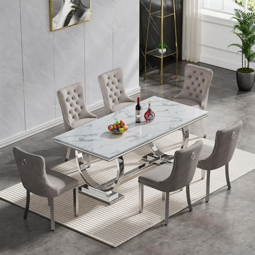 Marble 7 Piece Dining Table Set,70" Luxurious Kitchen Dining Table with Chair Set for 6 w/Silver Stainless Steel Pedestal and 6 Velvet Dining Chairs,Modern Marble Dining Room Table Set for Kitchen