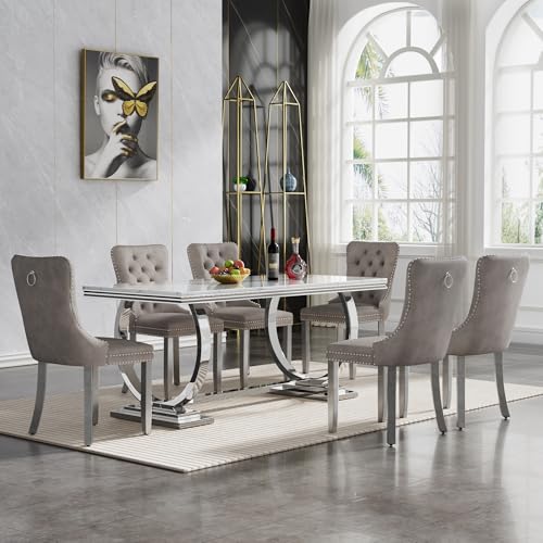 Marble 7 Piece Dining Table Set,70" Luxurious Kitchen Dining Table with Chair Set for 6 w/Silver Stainless Steel Pedestal and 6 Velvet Dining Chairs,Modern Marble Dining Room Table Set for Kitchen