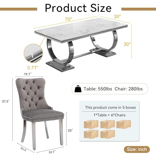 Marble 7 Piece Dining Table Set,70" Luxurious Kitchen Dining Table with Chair Set for 6 w/Silver Stainless Steel Pedestal and 6 Velvet Dining Chairs,Modern Marble Dining Room Table Set for Kitchen