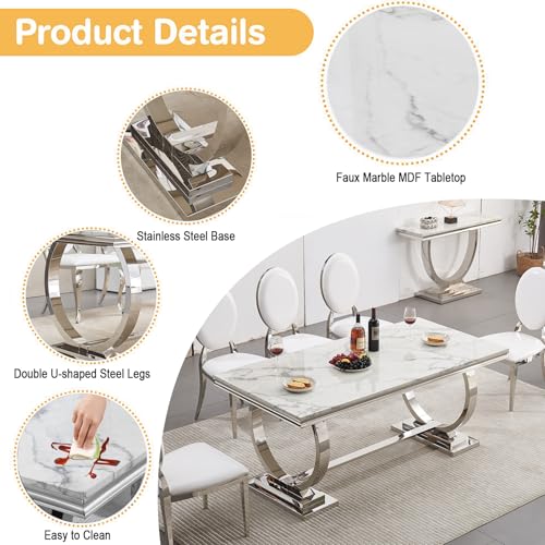 Marble 7 Piece Dining Table Set,70" Luxurious Kitchen Dining Table with Chair Set for 6 w/Silver Stainless Steel Pedestal and 6 Velvet Dining Chairs,Modern Marble Dining Room Table Set for Kitchen