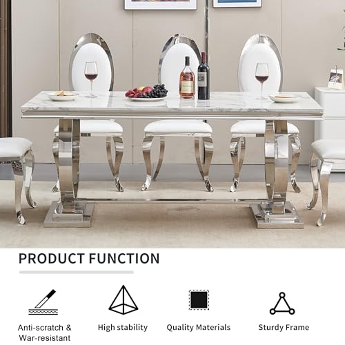 Marble 7 Piece Dining Table Set,70" Luxurious Kitchen Dining Table with Chair Set for 6 w/Silver Stainless Steel Pedestal and 6 Velvet Dining Chairs,Modern Marble Dining Room Table Set for Kitchen