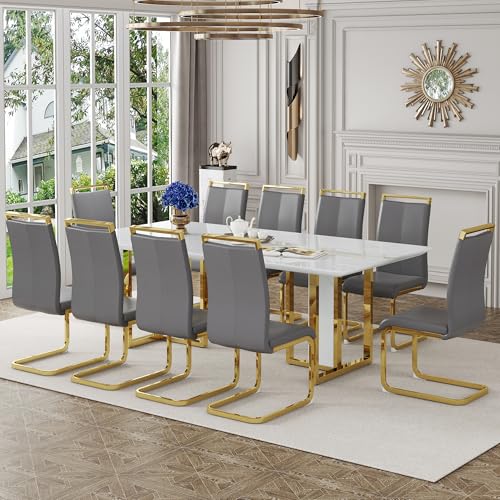 Dining Table Set For 10,Kitchen Table Chairs Set With Glossy Faux Marble Table Top, 79in White Rectangle Dining Room Table Set For10,11 Piece Kitchen Table And Chairs Set Idel For Kitcken Dining Room
