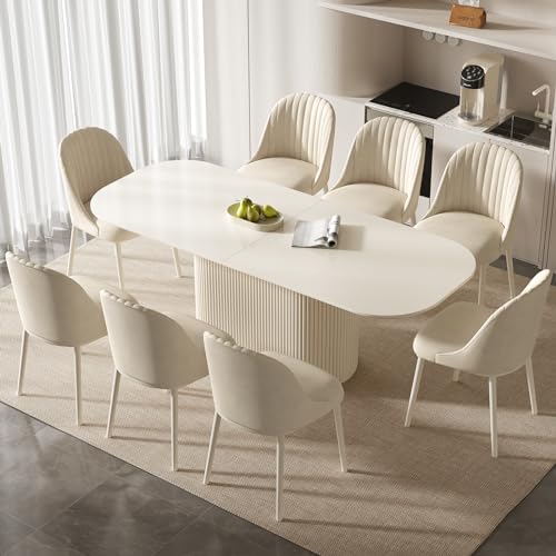 Miuuod 86.61" White Dining & Kitchen Table Set,Solid Kitchen Table with 8 Chairs,Large Rectangular Dinner Table with Stable Leg for Dining Room,Home Office,Living Room Furniture,Cream White