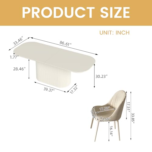 Miuuod 86.61" White Dining & Kitchen Table Set,Solid Kitchen Table with 8 Chairs,Large Rectangular Dinner Table with Stable Leg for Dining Room,Home Office,Living Room Furniture,Cream White