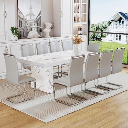 11 Piece Dining Table Set, 79" Marble Dining Table Set for 10, Marble Pattern MDF Dining Table Top and Base, 10 PU Leather Dining Chairs with Chrome Plated Metal Legs for Kitchen Dining Room.