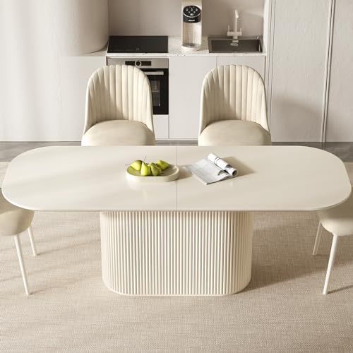 Miuuod 86.61" White Dining & Kitchen Table Set,Solid Kitchen Table with 8 Chairs,Large Rectangular Dinner Table with Stable Leg for Dining Room,Home Office,Living Room Furniture,Cream White