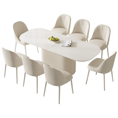 Miuuod 86.61" White Dining & Kitchen Table Set,Solid Kitchen Table with 8 Chairs,Large Rectangular Dinner Table with Stable Leg for Dining Room,Home Office,Living Room Furniture,Cream White