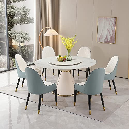 Runboll 59" Round Dining Table Set for 6 with Lazy Susan, Modern Dining Room Table Set with 6 Chairs and 31.5" Round Turntable, Sintered Stone 7 Pieces Dining Table Set