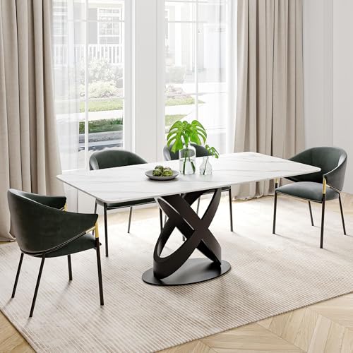 POVISON 71" Modern Dining Table for 6, Matte White Kitchen Table Sintered Stone Dining Table Top with X-Shape Carbon Steel Pedestal Table, Rectangle Table for Dining Room(Table Only)