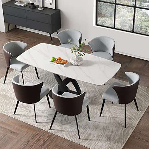 POVISON 71" Modern Dining Table for 6, Matte White Kitchen Table Sintered Stone Dining Table Top with X-Shape Carbon Steel Pedestal Table, Rectangle Table for Dining Room(Table Only)