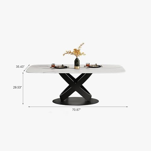 POVISON 71" Modern Dining Table for 6, Matte White Kitchen Table Sintered Stone Dining Table Top with X-Shape Carbon Steel Pedestal Table, Rectangle Table for Dining Room(Table Only)