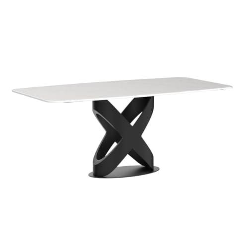 POVISON 71" Modern Dining Table for 6, Matte White Kitchen Table Sintered Stone Dining Table Top with X-Shape Carbon Steel Pedestal Table, Rectangle Table for Dining Room(Table Only)
