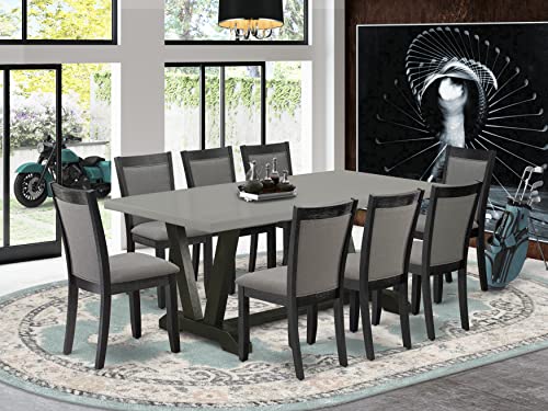 East West Furniture V697MZ650-9 9 Piece Kitchen Table Set Includes a Rectangle Dining Table with V-Legs and 8 Dark Gotham Grey Linen Fabric Parson Dining Chairs, 40x72 Inch, Multi-Color