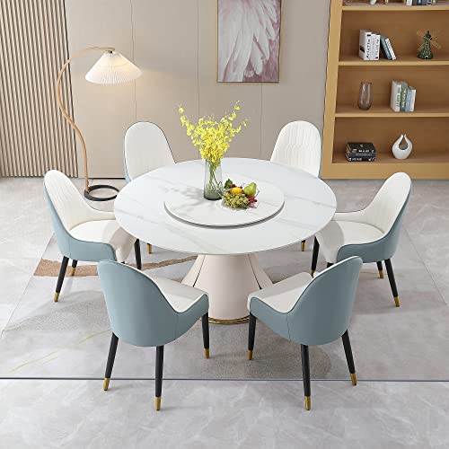 Runboll 59" Round Dining Table Set for 6 with Lazy Susan, Modern Dining Room Table Set with 6 Chairs and 31.5" Round Turntable, Sintered Stone 7 Pieces Dining Table Set