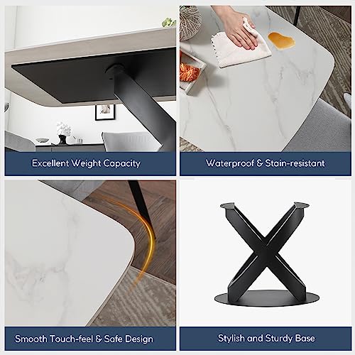 POVISON 71" Modern Dining Table for 6, Matte White Kitchen Table Sintered Stone Dining Table Top with X-Shape Carbon Steel Pedestal Table, Rectangle Table for Dining Room(Table Only)