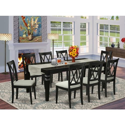 East West Furniture LGCL9-BLK-C 9 Piece Dining Room Table Set Includes a Rectangle Kitchen Table with Butterfly Leaf and 8 Linen Fabric Upholstered Dining Chairs, 42x84 Inch, Black