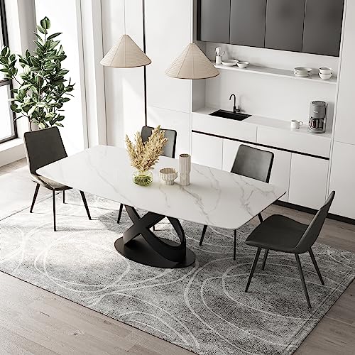 POVISON 71" Modern Dining Table for 6, Matte White Kitchen Table Sintered Stone Dining Table Top with X-Shape Carbon Steel Pedestal Table, Rectangle Table for Dining Room(Table Only)