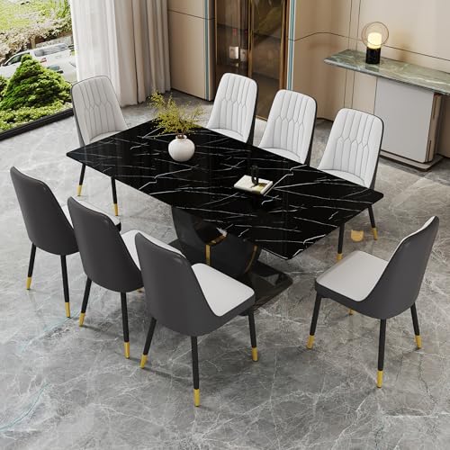 Dining Table Set for 8, 71" Black Kitchen Table Set, Faux Marble Dining Table Set for 8, Kitchen Table Chairs Set of 8 PU Leather Upholstered Chairs, Dining Room Table Set for Kitchen, Dining Room