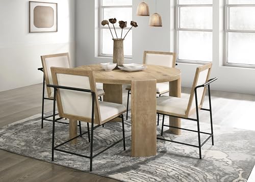 RITSU Modern OakFinish 5 Piece Contemporary Round Dining Table Set, 47" Kitchen Tables with Four Cream Color Upholstered Metal Leg Chairs, for Living Room, Apartment, Oak