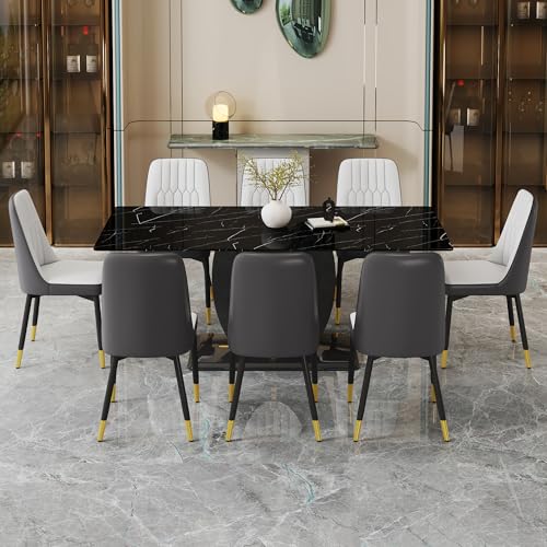 Dining Table Set for 8, 71" Black Kitchen Table Set, Faux Marble Dining Table Set for 8, Kitchen Table Chairs Set of 8 PU Leather Upholstered Chairs, Dining Room Table Set for Kitchen, Dining Room