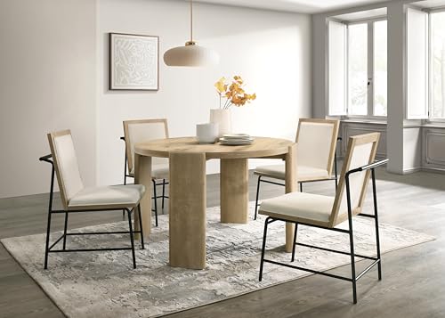 RITSU Modern OakFinish 5 Piece Contemporary Round Dining Table Set, 47" Kitchen Tables with Four Cream Color Upholstered Metal Leg Chairs, for Living Room, Apartment, Oak