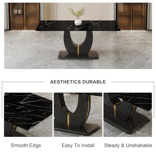 Dining Table Set for 8, 71" Black Kitchen Table Set, Faux Marble Dining Table Set for 8, Kitchen Table Chairs Set of 8 PU Leather Upholstered Chairs, Dining Room Table Set for Kitchen, Dining Room