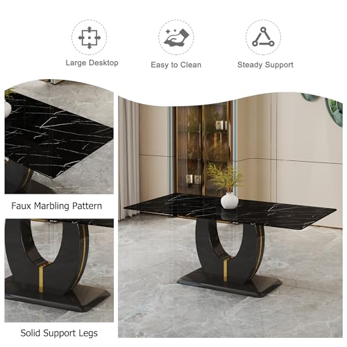 Dining Table Set for 8, 71" Black Kitchen Table Set, Faux Marble Dining Table Set for 8, Kitchen Table Chairs Set of 8 PU Leather Upholstered Chairs, Dining Room Table Set for Kitchen, Dining Room