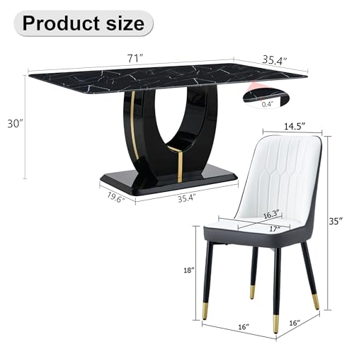 Dining Table Set for 8, 71" Black Kitchen Table Set, Faux Marble Dining Table Set for 8, Kitchen Table Chairs Set of 8 PU Leather Upholstered Chairs, Dining Room Table Set for Kitchen, Dining Room