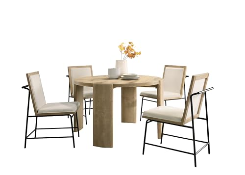 RITSU Modern OakFinish 5 Piece Contemporary Round Dining Table Set, 47" Kitchen Tables with Four Cream Color Upholstered Metal Leg Chairs, for Living Room, Apartment, Oak