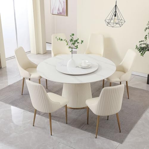 Runboll Round Dining Table Set for 6 with Lazy Susan 59" Modern Sintered Stone Kitchen Table with 31.5" Round Turntable and 6 PU Leather Chairs, 7-Piece Dining Table Set