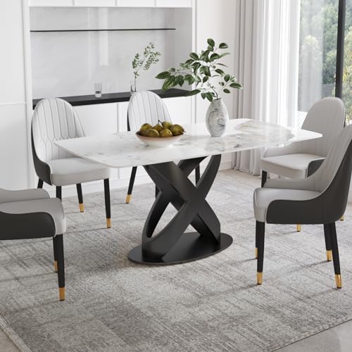 Modern Rectangle Marble Dining Table,63" Antique White Marble Sintered Stone Table Top,Rectangle Dining Room Table with Unique X-Shape Carbon Steel Pedestal Table for Kitchen/Living Room(Table Only)
