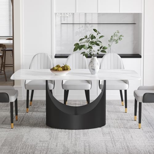 Modern Rectangle Marble Dining Table,71" White Marble Sintered Stone Top Dining Table,Rectangle Dining Room Table with Unique U-Shape Black Carbon Steel Pedestal for Kitchen/Living Room(Table Only)