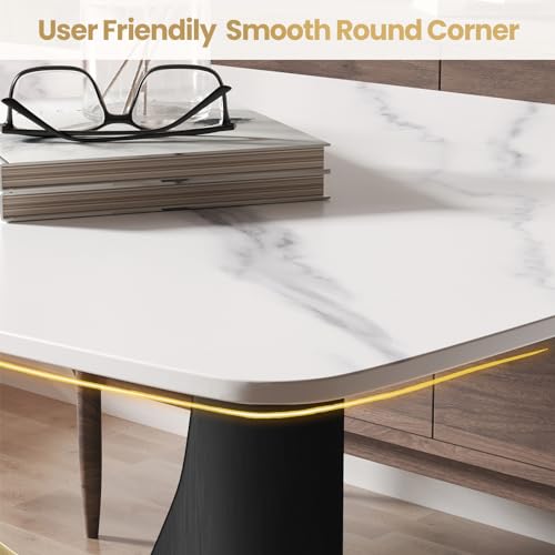 Modern Rectangle Marble Dining Table,71" White Marble Sintered Stone Top Dining Table,Rectangle Dining Room Table with Unique U-Shape Black Carbon Steel Pedestal for Kitchen/Living Room(Table Only)