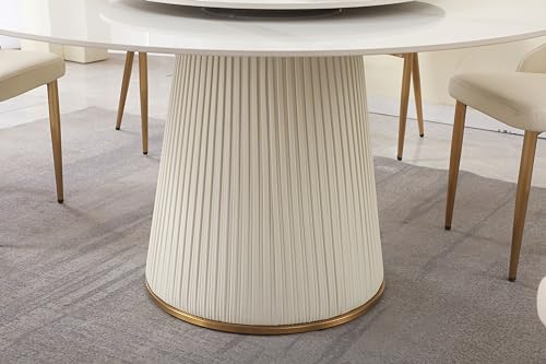 Runboll Round Dining Table Set for 6 with Lazy Susan 59" Modern Sintered Stone Kitchen Table with 31.5" Round Turntable and 6 PU Leather Chairs, 7-Piece Dining Table Set