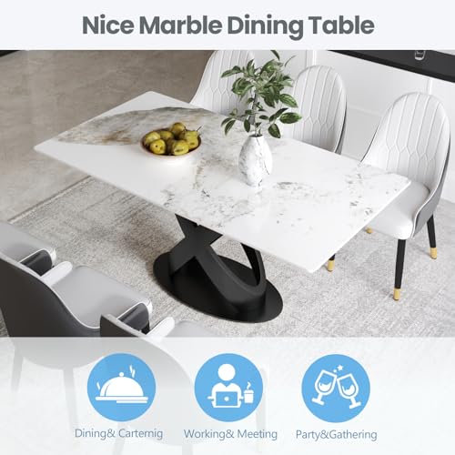 Modern Rectangle Marble Dining Table,63" Antique White Marble Sintered Stone Table Top,Rectangle Dining Room Table with Unique X-Shape Carbon Steel Pedestal Table for Kitchen/Living Room(Table Only)