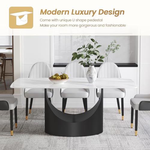 Modern Rectangle Marble Dining Table,71" White Marble Sintered Stone Top Dining Table,Rectangle Dining Room Table with Unique U-Shape Black Carbon Steel Pedestal for Kitchen/Living Room(Table Only)