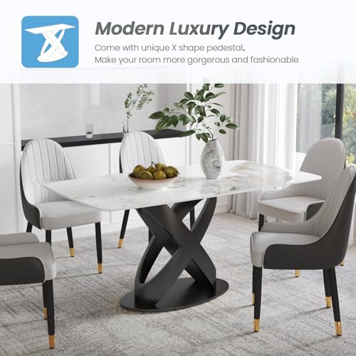Modern Rectangle Marble Dining Table,63" Antique White Marble Sintered Stone Table Top,Rectangle Dining Room Table with Unique X-Shape Carbon Steel Pedestal Table for Kitchen/Living Room(Table Only)