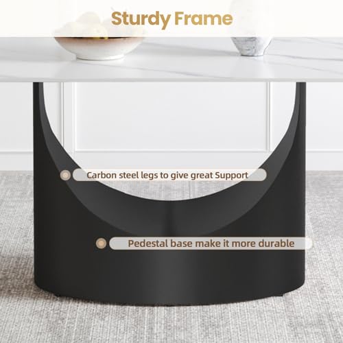 Modern Rectangle Marble Dining Table,71" White Marble Sintered Stone Top Dining Table,Rectangle Dining Room Table with Unique U-Shape Black Carbon Steel Pedestal for Kitchen/Living Room(Table Only)